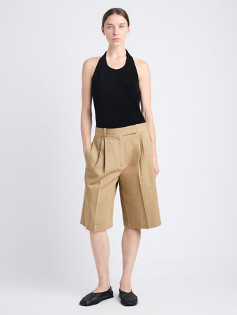 Front full length image of model wearing Jenny Short In Cotton Linen in HAZELNUT