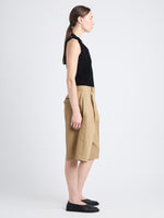 Side full length image of model wearing Jenny Short In Cotton Linen in HAZELNUT