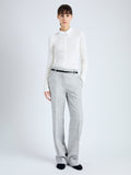 Front full length image of model wearing Aiden Pant in Melange Viscose Linen Suiting in GREY MULTI