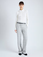 Front full length image of model wearing Aiden Pant in Melange Viscose Linen Suiting in GREY MULTI