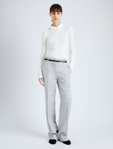 Front full length image of model wearing Aiden Pant in Melange Viscose Linen Suiting in GREY MULTI