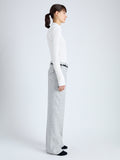 Side full length image of model wearing Aiden Pant in Melange Viscose Linen Suiting in GREY MULTI