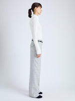 Side full length image of model wearing Aiden Pant in Melange Viscose Linen Suiting in GREY MULTI