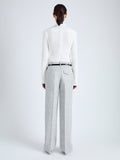 Back full length image of model wearing Aiden Pant in Melange Viscose Linen Suiting in GREY MULTI