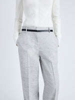 Detail image of model wearing Aiden Pant in Melange Viscose Linen Suiting in GREY MULTI