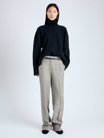 Front full length image of model wearing Aiden Pant in Melange Viscose Linen Suiting in BRONZE MULTI
