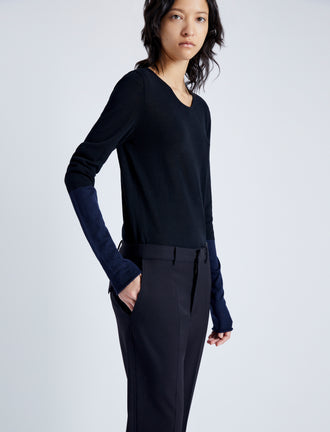 Detail image of model wearing Myers Pant in Tropical Wool in Black