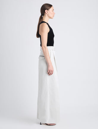 Side full length image of model wearing Dana Pant In Cotton Viscose in ECRU