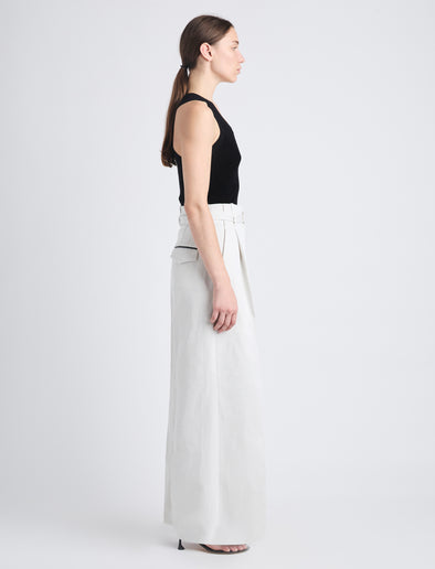 Side full length image of model wearing Dana Pant In Cotton Viscose in ECRU