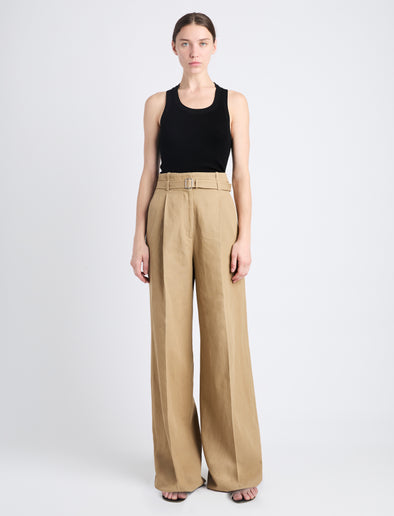 Front full length image of model wearing Dana Pant In Cotton Viscose in HAZELNUT