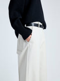 Detail image of model wearing Amara Pant in Organic Cotton Twill Suiting in WHEAT