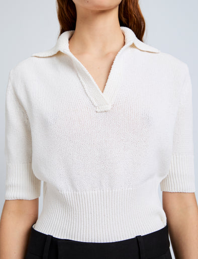 Proenza Schouler Detail image of model wearing Reeve Polo in Cotton Knit in Off White