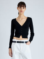 Front cropped image of model wearing Addie Cardigan in Silk Viscose in BLACK
