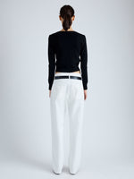 Back full length image of model wearing Addie Cardigan in Silk Viscose in BLACK