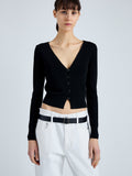 Detail image of model wearing Addie Cardigan in Silk Viscose in BLACK