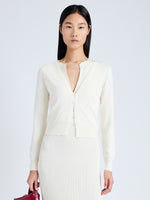 Front cropped image of model wearing Addie Cardigan in Silk Viscose in IVORY