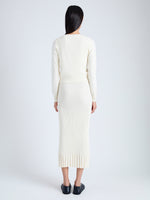Back full length image of model wearing Addie Cardigan in Silk Viscose in IVORY