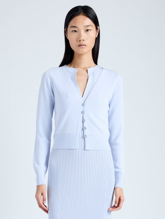 Front cropped image of model wearing Addie Cardigan in Silk Viscose in SKY BLUE
