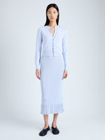Front full length image of model wearing Addie Cardigan in Silk Viscose in SKY BLUE
