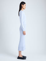 Side image of model wearing Addie Cardigan in Silk Viscose in SKY BLUE