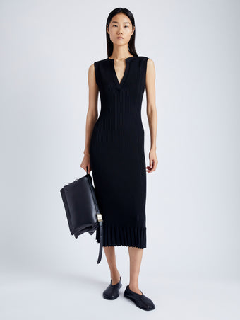 Front full length image of model wearing Tatum Knit Dress in Silk Viscose in BLACK