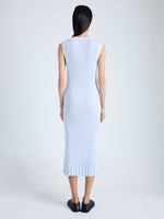 Back image of model wearing Tatum Knit Dress in Silk Viscose in SKY BLUE
