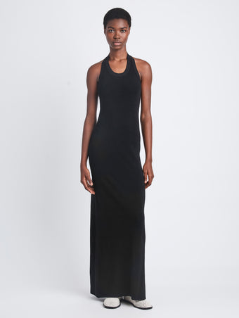 Front full length image of model wearing Meryl Dress In Matte Viscose Crepe Knit in BLACK