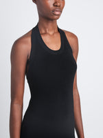 Detail image of model wearing Meryl Dress In Matte Viscose Crepe Knit in BLACK