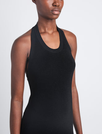 Detail image of model wearing Meryl Dress In Matte Viscose Crepe Knit in BLACK