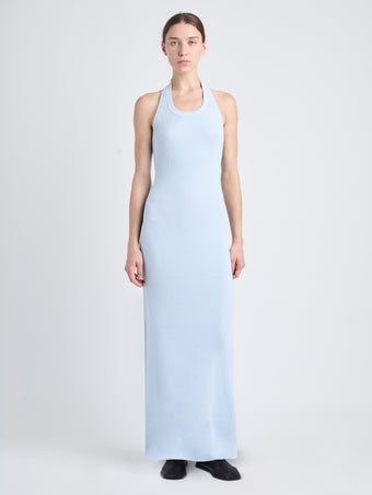 Front full length image of model wearing Meryl Dress In Matte Viscose Crepe Knit in LIGHT BLUE