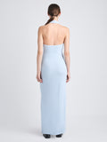 Back image of model wearing Meryl Dress In Matte Viscose Crepe Knit in LIGHT BLUE