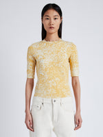 Cropped front image of model wearing Greta Top In Knit Jacquard in YELLOW MULTI