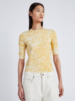 Detail image of model wearing Greta Top In Knit Jacquard in YELLOW MULTI