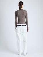 Back image of model wearing Cassidy Sweater in Superfine Merino Silk in taupe