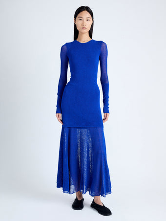 Front image of model wearing Anita Knit Dress in Sheer Mesh in Bright Blue
