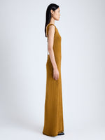 Side full length image of model wearing Silvia Knit Dress In Silk Doubleface Boucle in CIDER