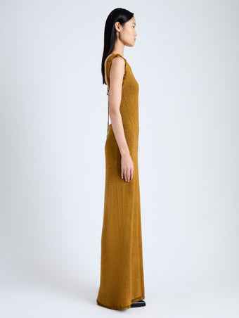 Side full length image of model wearing Silvia Knit Dress In Silk Doubleface Boucle in CIDER