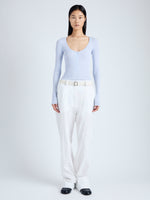 Front image of model wearing Boyd Henley in Silk Viscose in sky blue