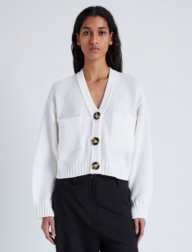 Front cropped image of model wearing Sofia Cardigan In Cotton in OFF WHITE