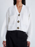 Detail image of model wearing Sofia Cardigan In Cotton in OFF WHITE