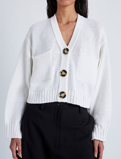 Detail image of model wearing Sofia Cardigan In Cotton in OFF WHITE