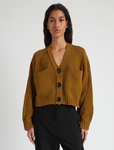 Cropped front image of model wearing Sofia Cardigan In Cotton in OCHRE