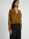 Detail image of model wearing Sofia Cardigan In Cotton in OCHRE