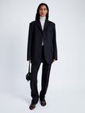 Proenza Schouler Front full length image of model wearing Archer Jacket in Wool Twill Suiting in BLACK