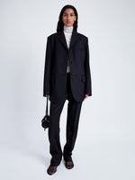 Proenza Schouler Front full length image of model wearing Archer Jacket in Wool Twill Suiting in BLACK