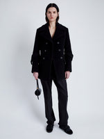 Proenza Schouler Front full length image of model wearing Rowen Coat in Eco Double Face Wool in BLACK
