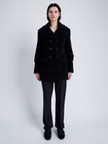 Proenza Schouler Front full length image of model wearing Rowen Coat in Eco Double Face Wool in BLACK in straight position