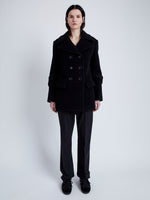 Proenza Schouler Front full length image of model wearing Rowen Coat in Eco Double Face Wool in BLACK in straight position
