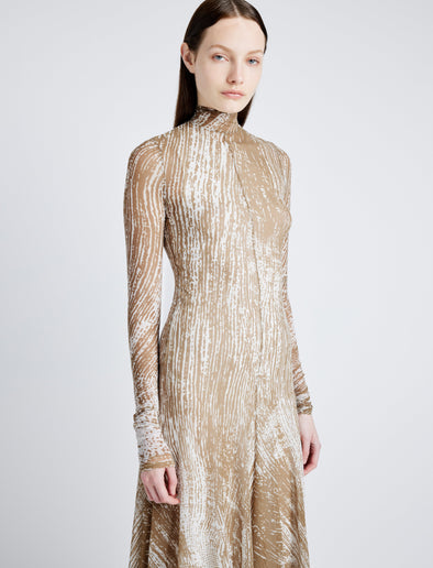 Proenza Schouler Detail image of model wearing Gemma Dress in Printed Tulle Jersey in WOOD