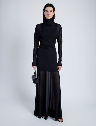Proenza Schouler Front full length image of model wearing Paula Dress in Sheer Crepe Jersey in BLACK